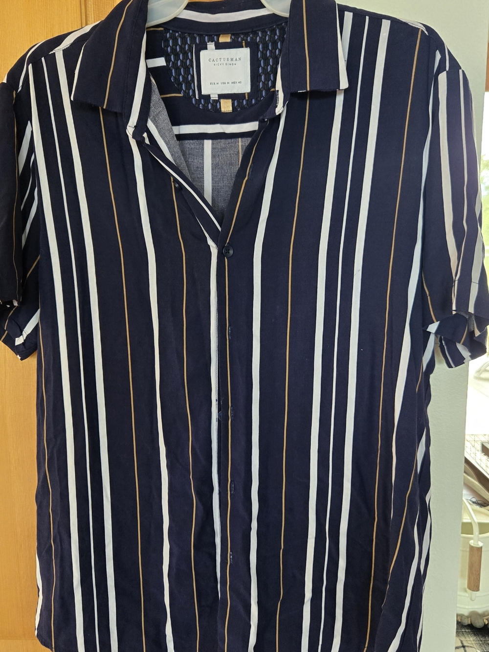 Cactusman Navy Short-Sleeve Button-Down Shirt with White and Tan Stripes
